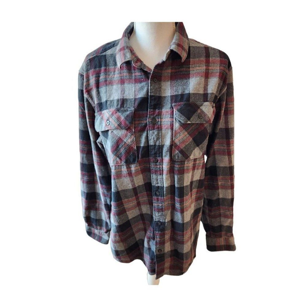 Vintage Y2K Fox Button Up Flannel Shirt L Long Sleeve Red Gray Black Plaid